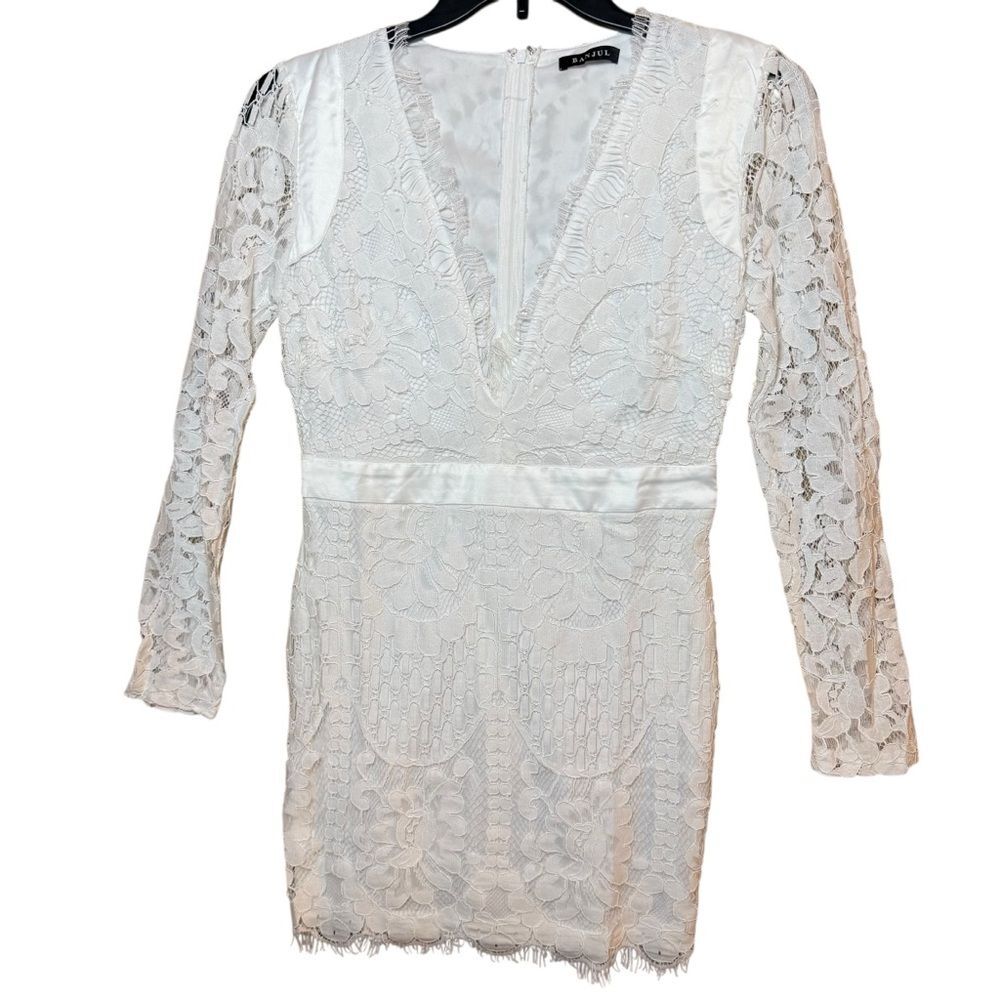 BANJUL White Lace Long Sleeve Deep V-Neck Mini Dress- Large, Wedding Fairycore
